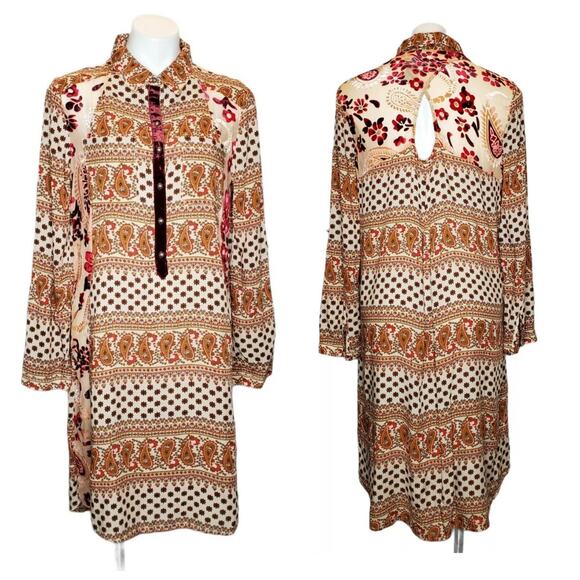 Aratta Silent Journey Anthro Floral Paisley Mixed Media Long Sleeve Tunic Dress - Picture 1 of 10